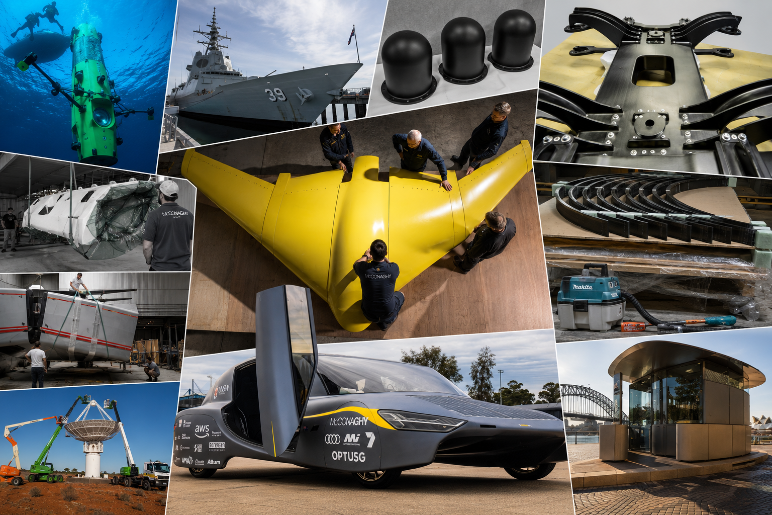 Montage of McConaghy Australia projects: submersible, naval vessel, composite structures, solar race car and marine components